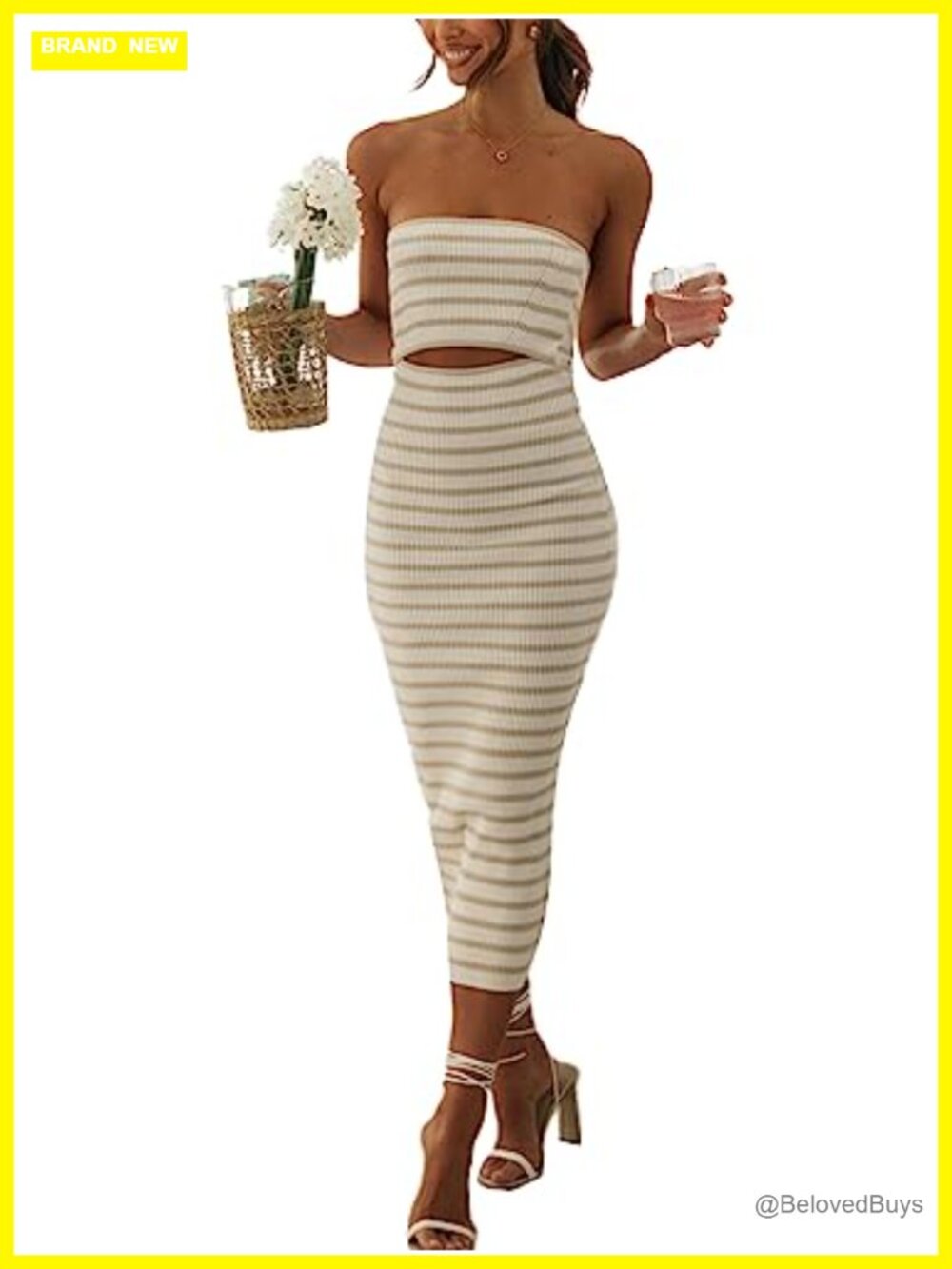 Women Strapless Knitted Midi Dress Off Shoulder Cutout Bodycon Backless